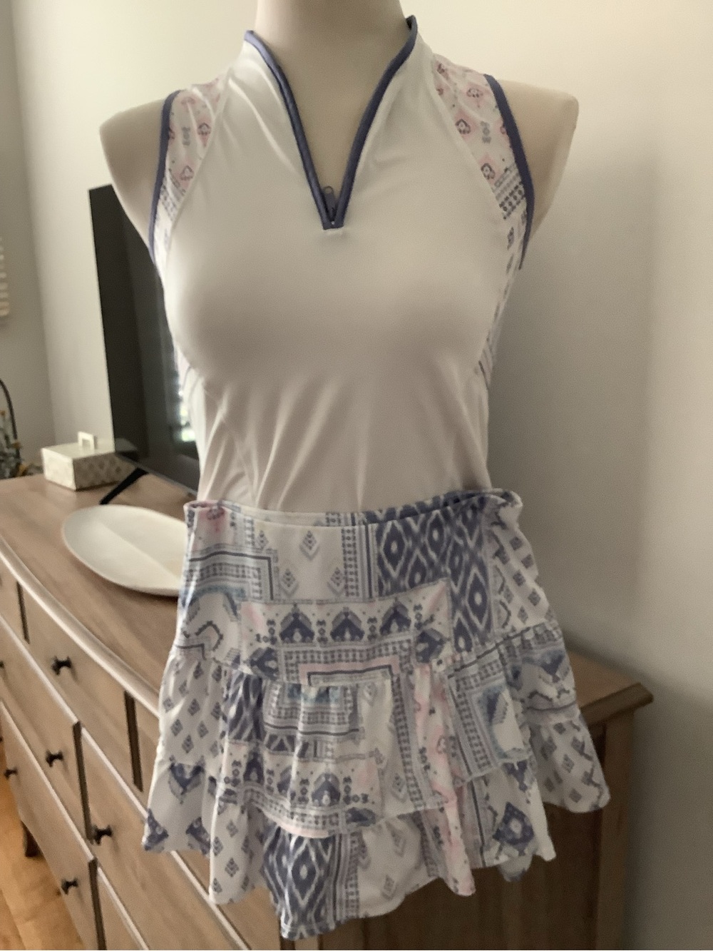 Lucky in Love Skirt and Top Set with Blue and Pink Ikat Print